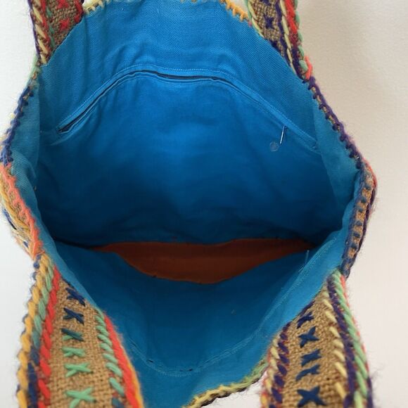 Vtg Handmade Woven Colorful Burlap Market Tote Bag Purse Boho Hippie Artsy - Picture 6 of 6